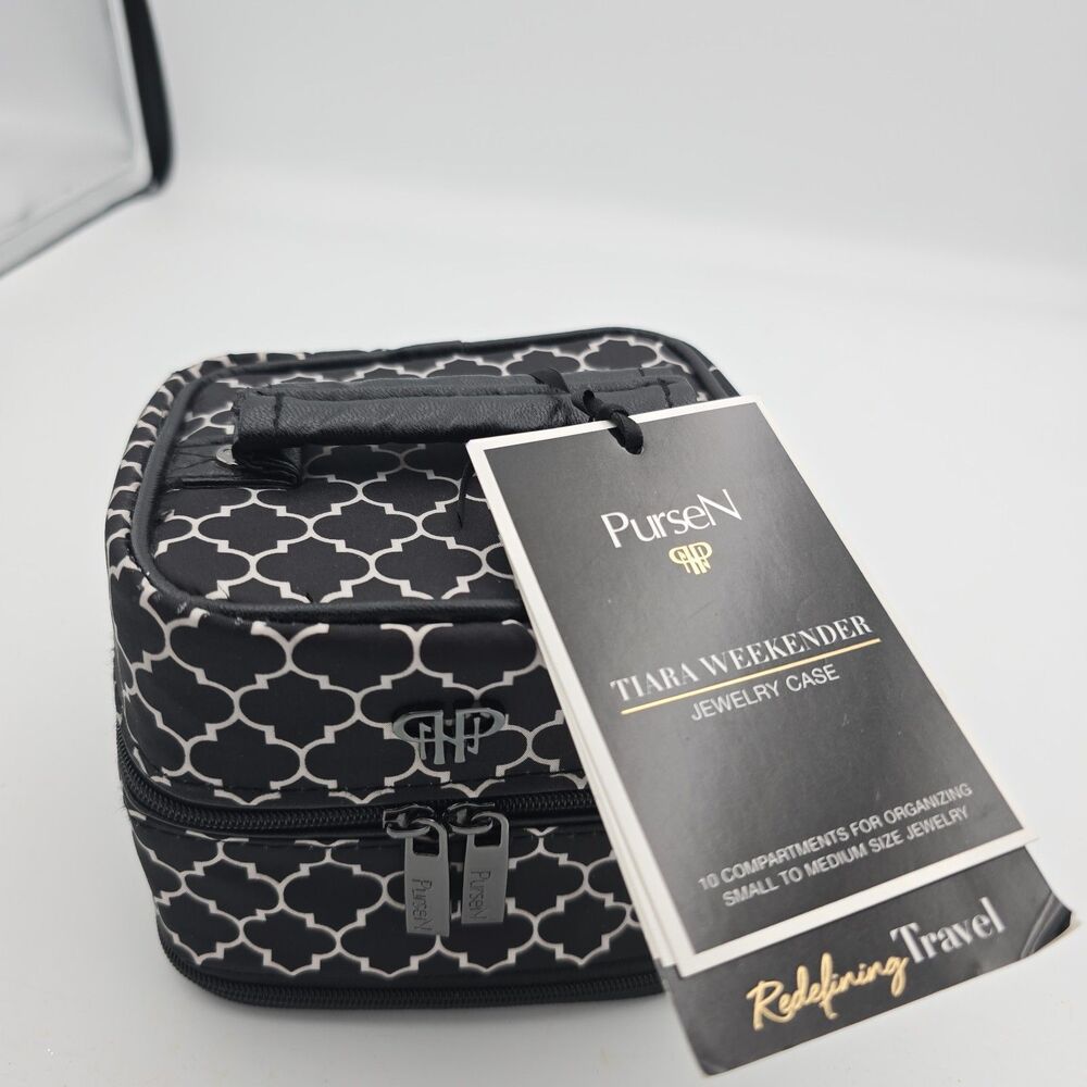PurseN Tiara Weekender Jewelry Case Travel 10 Pouch Organizer Black White NWT
